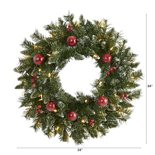 24" White LED Frosted Christmas Wreath with Ornaments & Berries